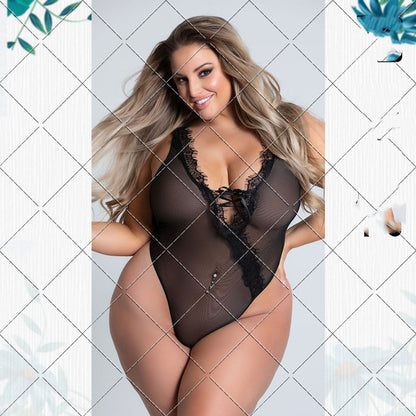 European And American Plus Size One-piece See-through Mesh Fat MM Sexy Underwear
