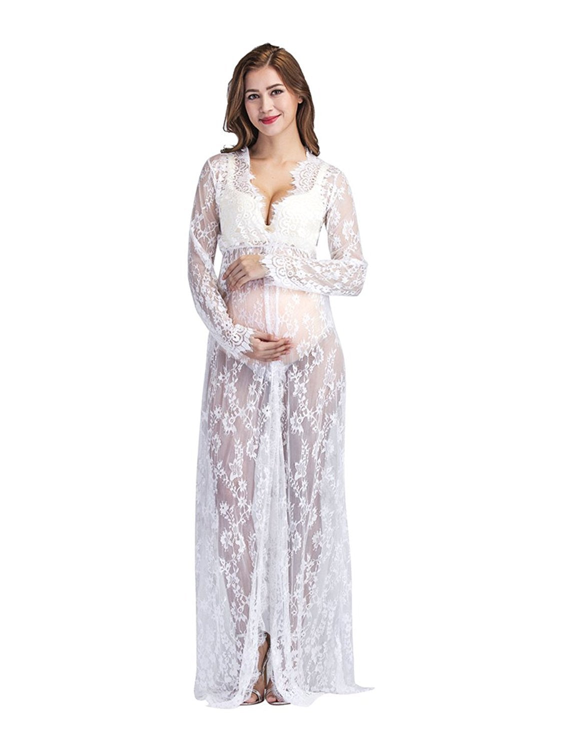 Long Sleeve Lace Maternity See-Through Lace Solid Maxi Dress Sexy Lingerie