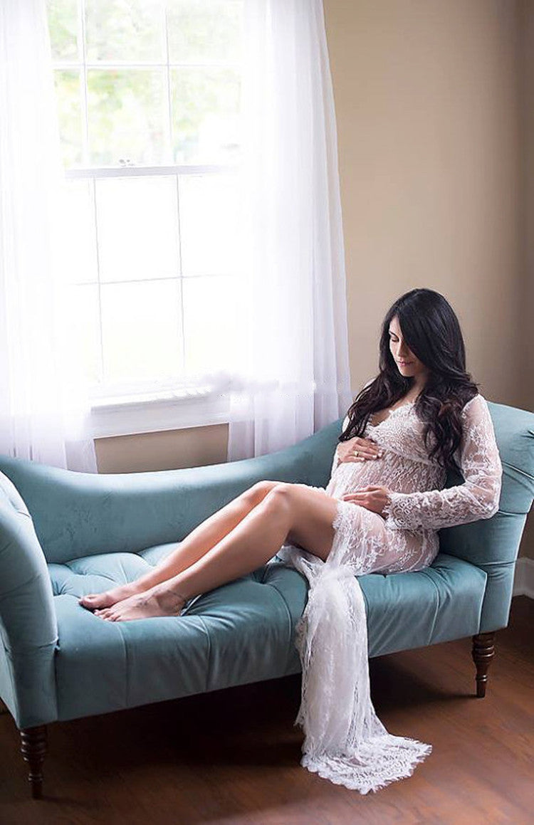 Long Sleeve Lace Maternity See-Through Lace Solid Maxi Dress Sexy Lingerie