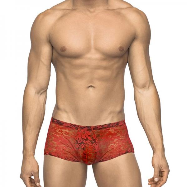 Male Power Stretch Lace Mini Short Red X-large